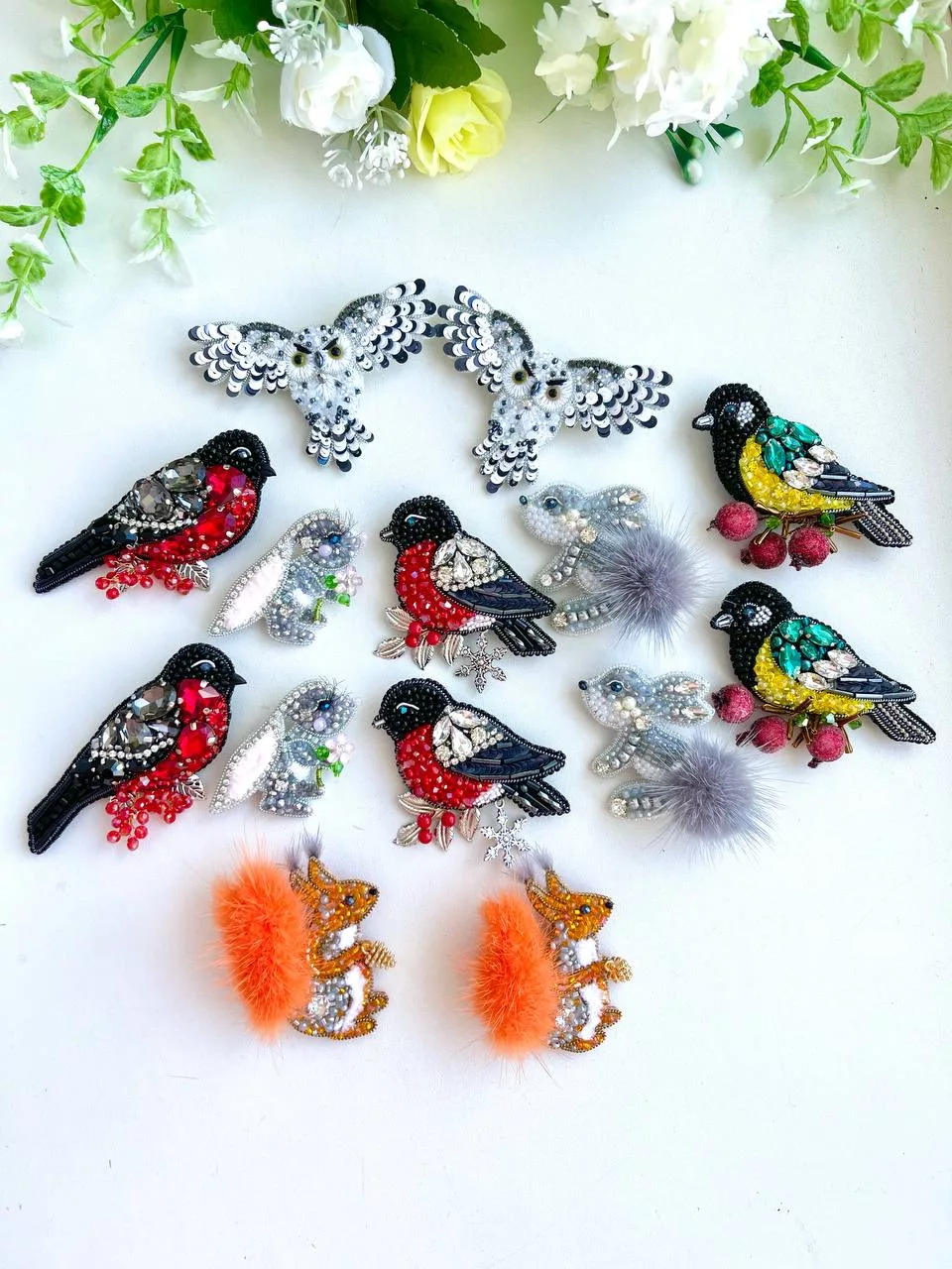 Броши: Снегирь, Синичка и Зайка