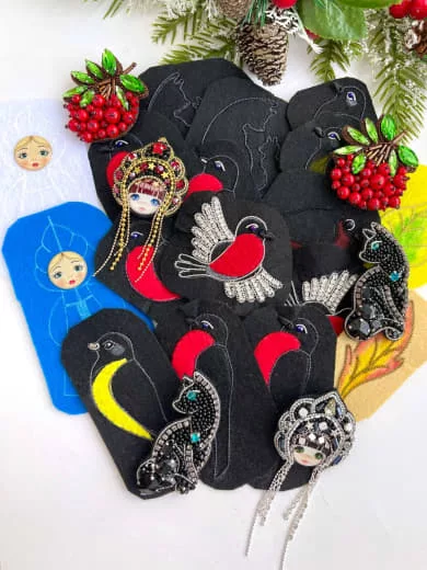 Броши: Матрешка, Рябина и Кошка