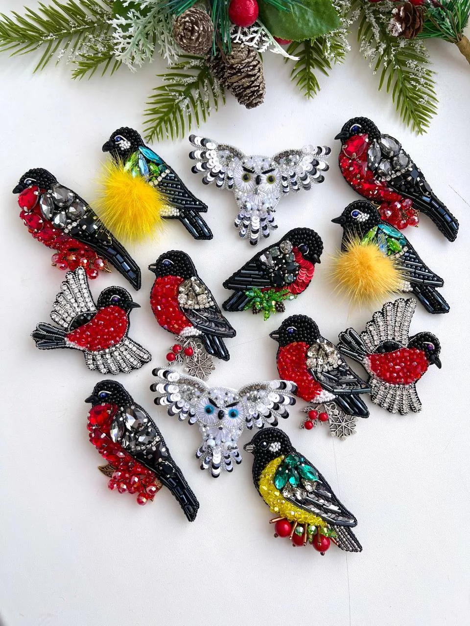Броши: Снегирь, Синичка и Сова