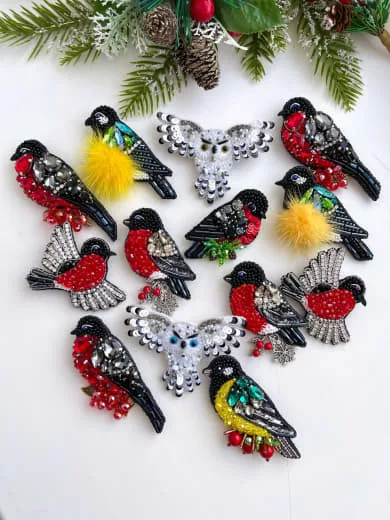 Броши: Снегирь, Синичка и Сова