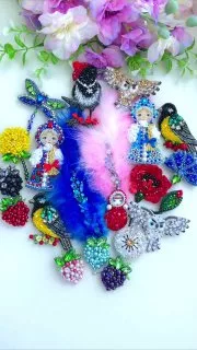 Броши: Сорока, Стрекоза и Мак