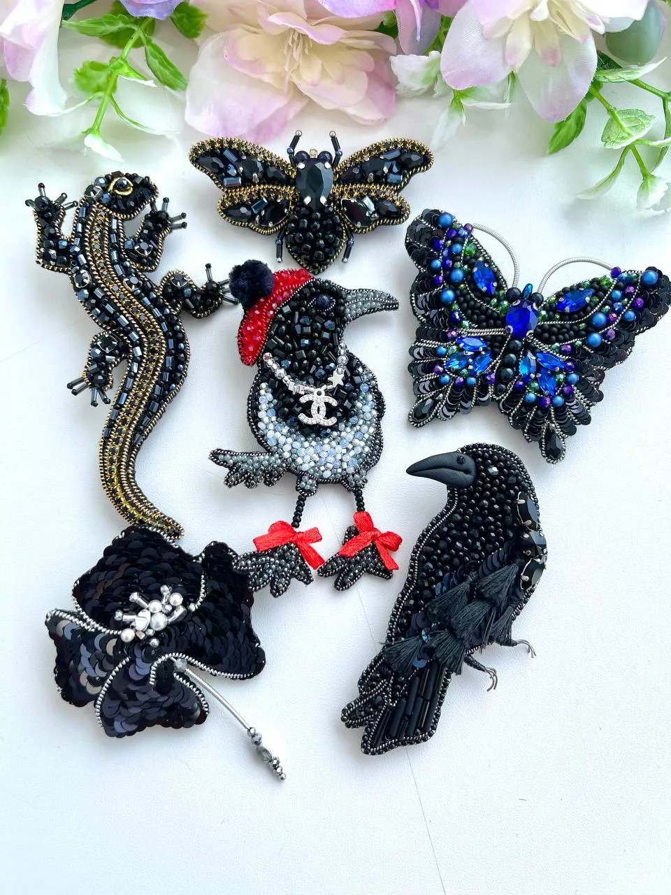 Броши: Сорока, Ящерица и Бабочка