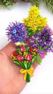 Броши: Мимоза, Тюльпаны и Лаванда со стразами