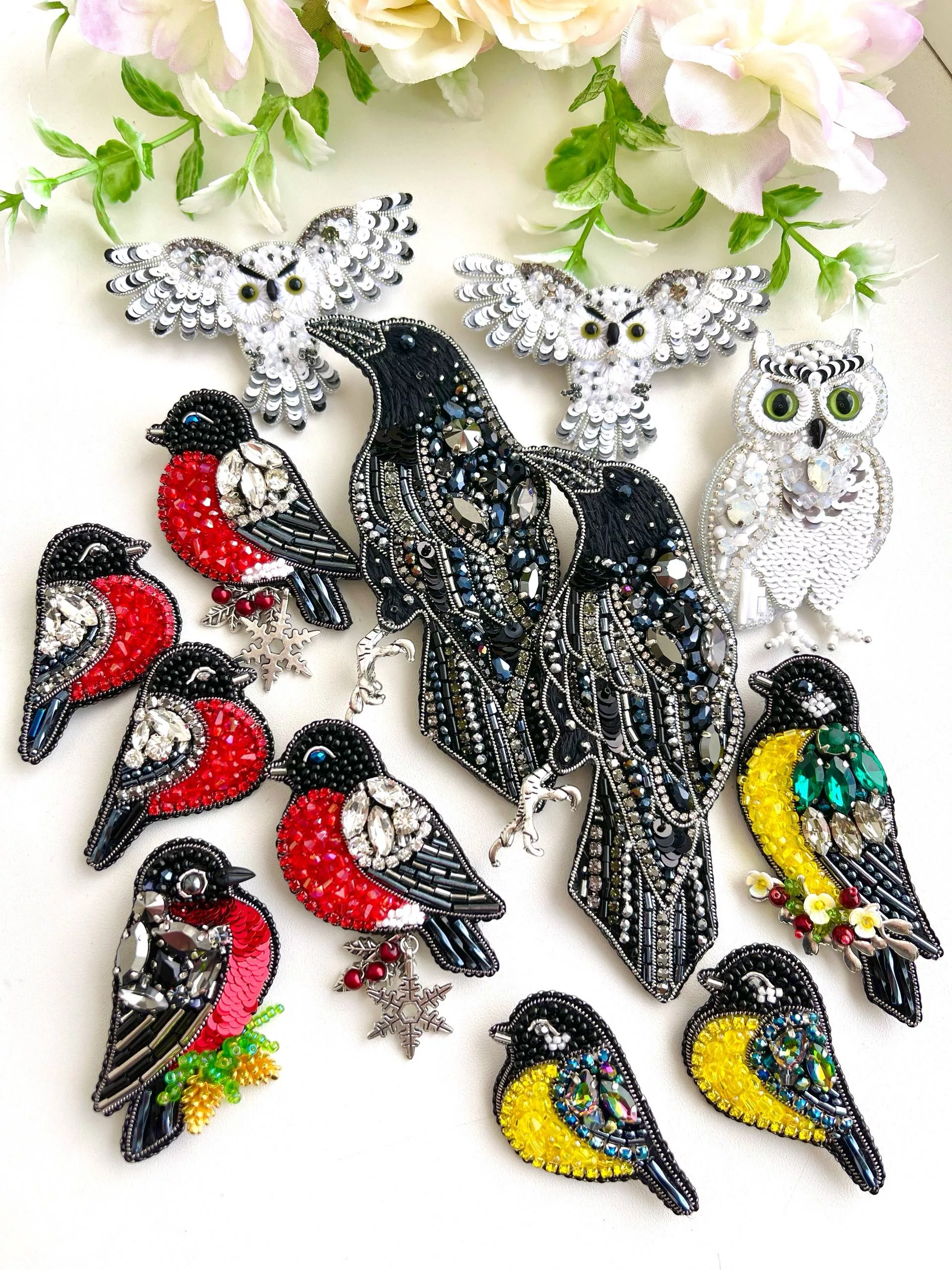 Броши: Снегирь, Синичка и Ворон