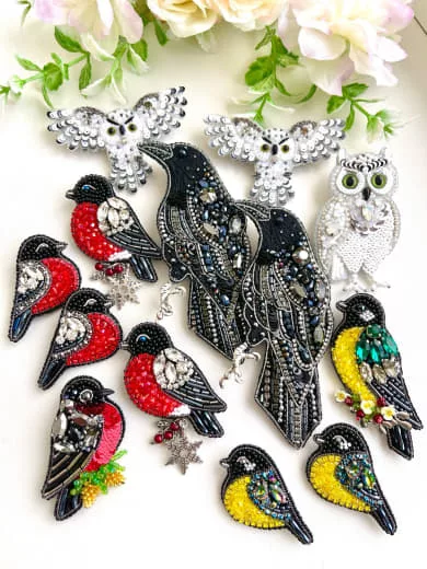 Броши: Снегирь, Синичка и Ворон